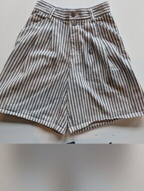 Vintage 90s Liz Wear Denim Railroad Navy & Ivory Striped Long Pleated Shorts